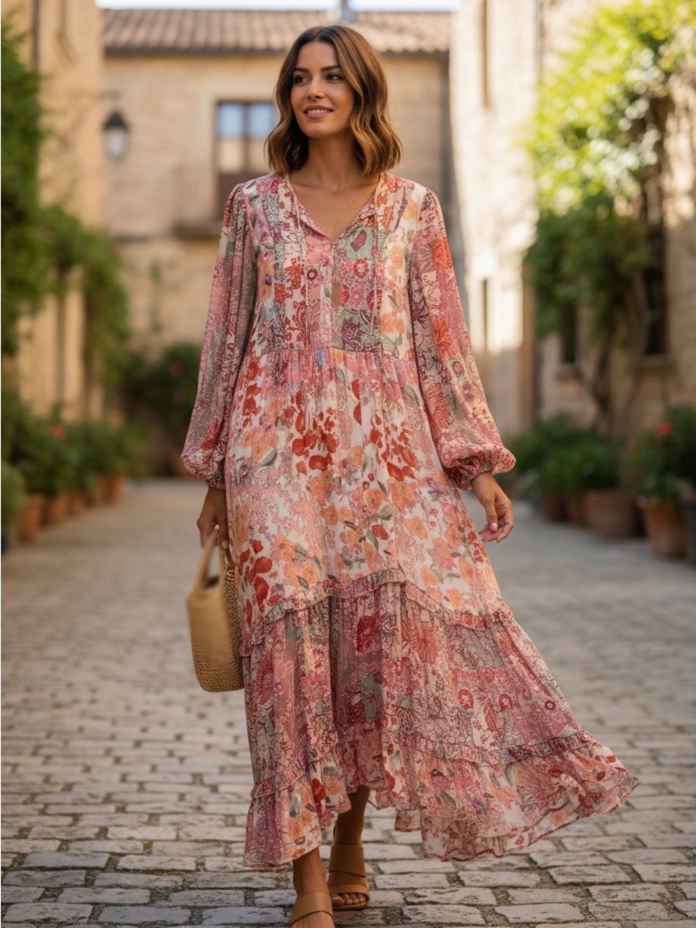 608. Alison Sheri Women's Floral Patchwork Maxi Dress in Rose Multi